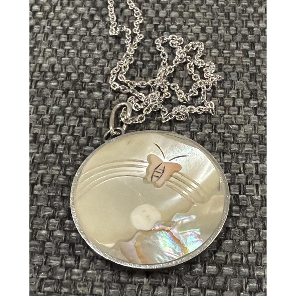 Vintage 925 Sterling Silver Mother of Pearl Shell Inlay Butterfly Necklace 18"